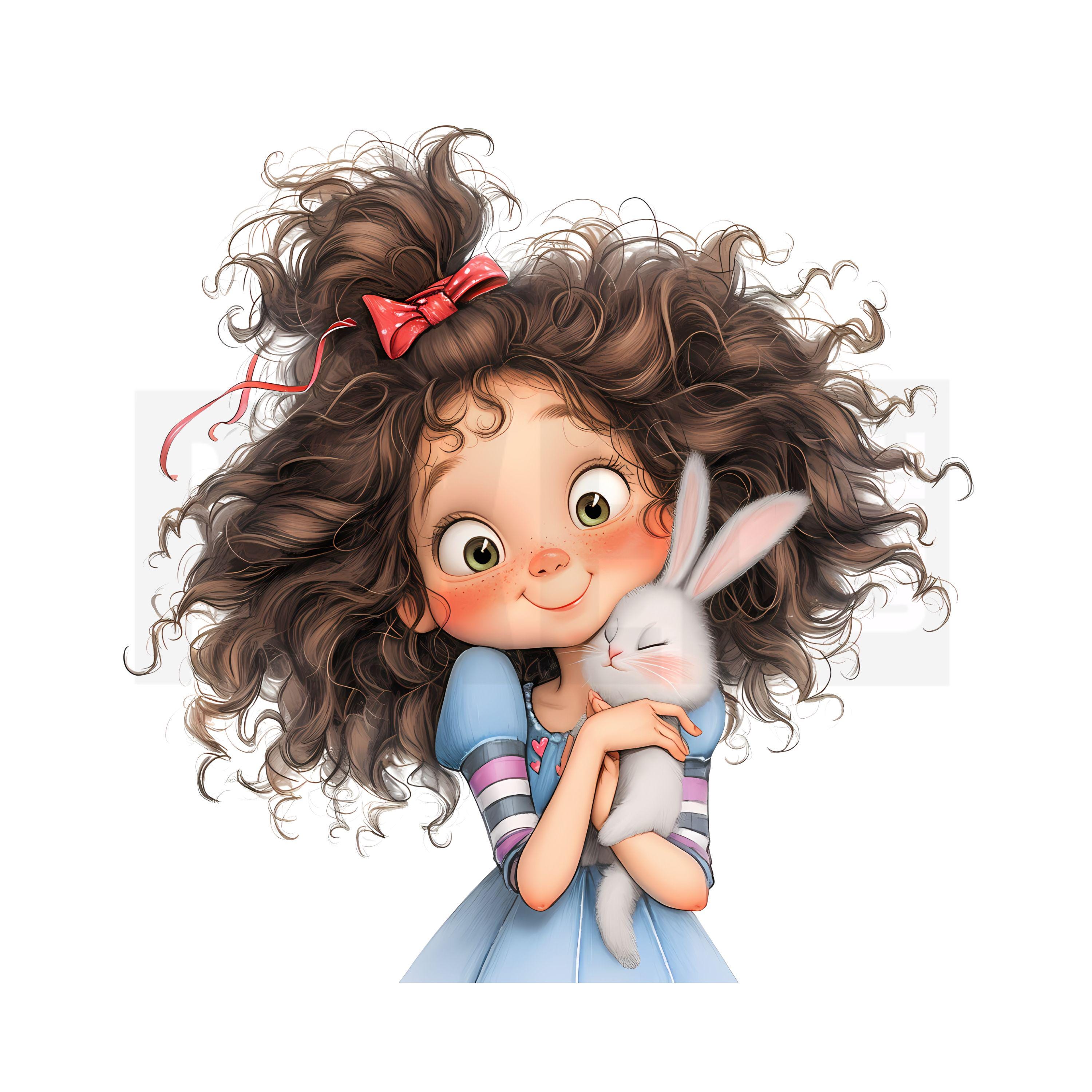 15 Quirky Girl With Rabbit Clipart, Whimsical Cartoon Girl and Bunny ...