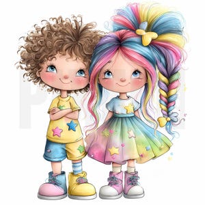 12 schrullig Bruder und Schwester Clipart JPG, Regenbogen Haar Kinder, digitaler Download, Storybook Kunst, Aufkleber Stil, Pastell Illustration, Kartenherstellung