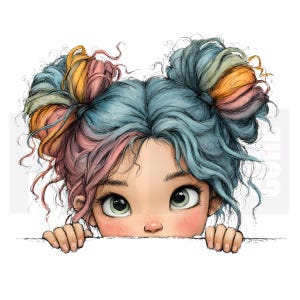 15 Imágenes prediseñadas de chica peculiar espiando, PNG, chica arcoíris pastel, diario basura, álbum de recortes, manualidad de papel, ilustración de acuarela, descarga digital