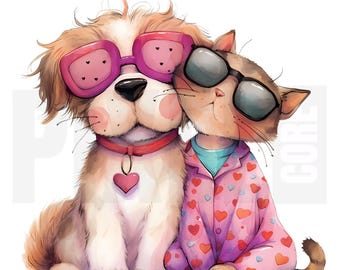 12 imágenes prediseñadas de perros y gatos, PNG, pijamas de corazón para San Valentín, arte de amigos de mascotas, diario basura, manualidades de papel, descarga digital