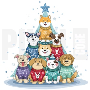 Könnte beinhalten: Eine digitale Illustration eines Weihnachtsbaums aus neun Hunden in festlichen Pullovern. Die Hunde sind verschiedener Rassen und Farben, mit Schneeflocken und einem Stern an der Spitze. Die Hunde lächeln und wirken glücklich.