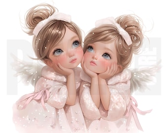 16 imágenes prediseñadas de bebés ángeles gemelos en acuarela, PNG, ángeles guardianes caprichosos, arte celestial para guardería, diario creativo, álbum de recortes, descarga digital
