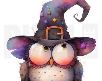 12 imágenes prediseñadas de búhos brujas originales, PNG, sombrero de bruja de búho caprichoso para Halloween, pájaro espeluznante, creación de tarjetas de truco o trato, álbum de recortes, descarga digital