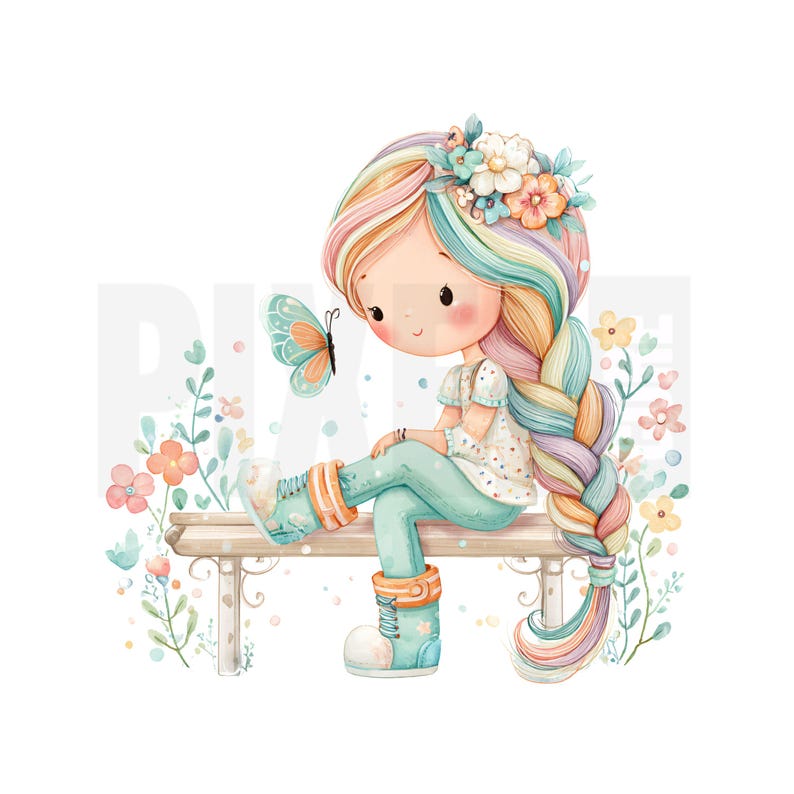 May include: Watercolor illustration of a girl with rainbow hair, a flower crown, and a long braid. She sits on a bench, wearing teal pants and boots, with a butterfly nearby. Soft pastel colors and floral accents create a whimsical scene.