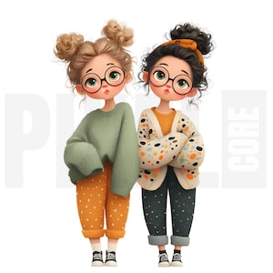 12 Quirky Best Friends Clipart, PNG, Cozy Outfits, Storybook Watercolor Illustration, Junk Journal, Scrapbooking, Crafts, Digital Download