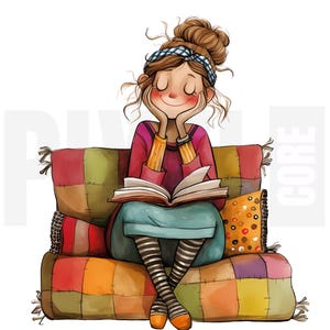 Könnte beinhalten: Illustration einer Person, die ein Buch liest und auf einem Patchwork-Kissen sitzt. Die Person trägt ein rosa Oberteil, einen blauen Rock und gestreifte Socken. Ein blau-weißes Stirnband schmückt ihr Haar. Das Kissen hat ein buntes Patchwork-Design.