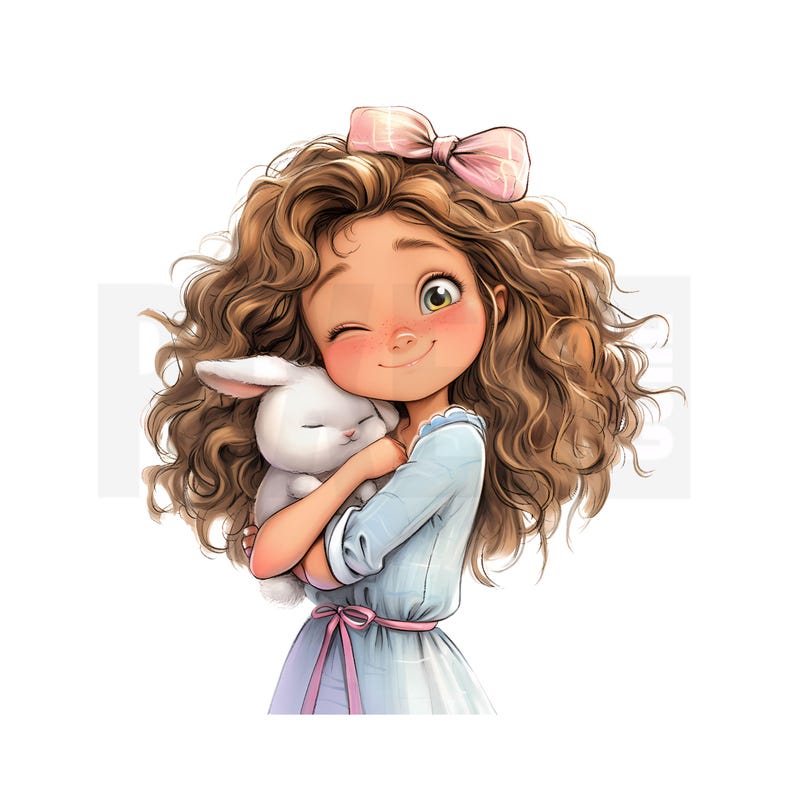 15 Quirky Girl With Rabbit Clipart, Whimsical Cartoon Girl and Bunny ...