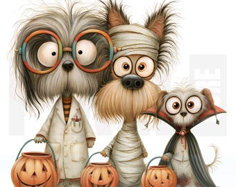 13 imágenes prediseñadas de perros de Halloween originales, PNG, perro de truco o trato, efímero espeluznante, cachorro estresado, creación de tarjetas, scrapbooking, descarga digital