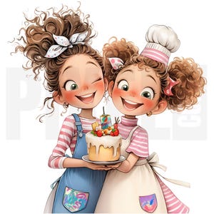 以下が含まれることがあります： デコレーションケーキを持つ笑顔の女の子2人のイラスト。一人はコック帽とエプロン、もう一人はストライプのシャツとオーバーオールを着ています。ケーキはフルーツとろうそくで飾られており、誕生日のパーティーを連想させます。