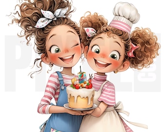 13 imágenes prediseñadas de chicas panaderas originales, PNG, hermanas con delantal de chef caprichoso, ilustración de panadería, diario basura, creación de tarjetas, descarga digital