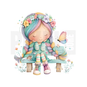 May include: A watercolor illustration of a girl with rainbow hair and a flower crown, sitting on a light blue bench. She wears a teal dress, striped socks, and colorful sneakers. A butterfly hovers nearby.