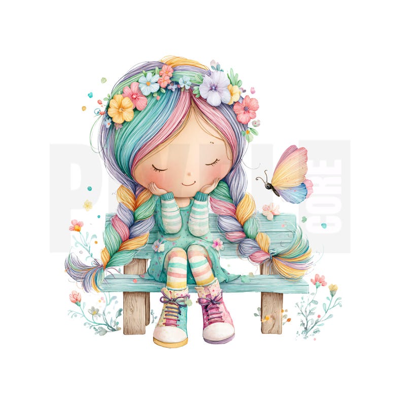 May include: A watercolor illustration of a girl with rainbow hair and a flower crown, sitting on a light blue bench. She wears a teal dress, striped socks, and colorful sneakers. A butterfly hovers nearby.
