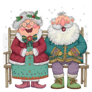 May include: A charming illustration of a couple, possibly Santa and Mrs. Claus, seated on a wooden bench. They are depicted in festive winter clothing, with red and teal coats, and green boots. Snowflakes are falling, creating a joyful Christmas scene.