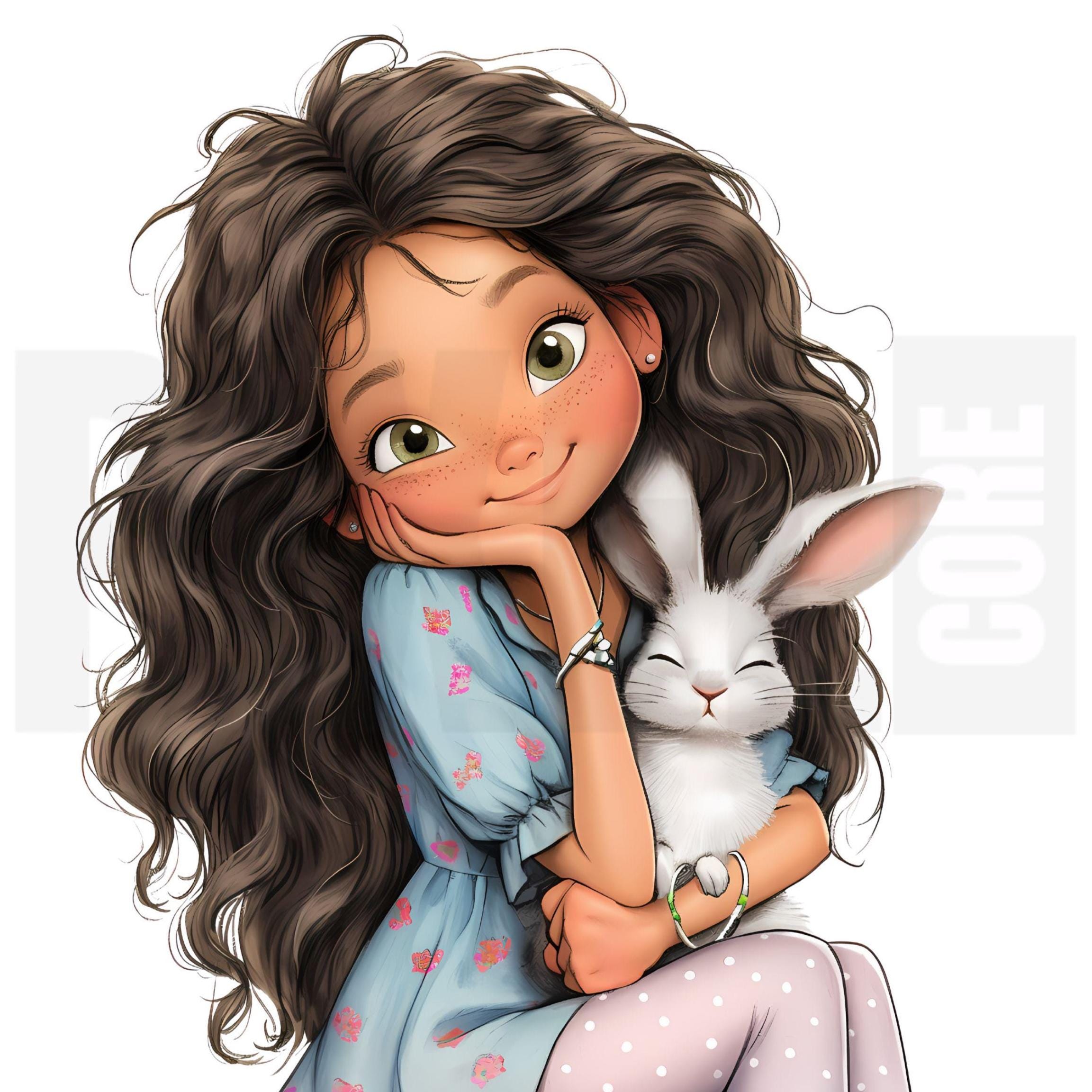 15 Quirky Girl With Rabbit Clipart, Whimsical Cartoon Girl and Bunny ...