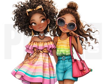 11 imágenes prediseñadas de moda de amigas negras originales, PNG, chicas afroamericanas con estilo, mujeres modernas, diario creativo, álbum de recortes, descarga digital