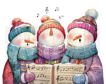 10 villancicos originales de muñecos de nieve, imágenes prediseñadas, PNG, arte invernal con muñecos de nieve cantando, creación de tarjetas, diario basura, descarga digital