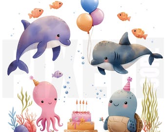 11 imágenes prediseñadas de animales marinos en acuarela para cumpleaños, PNG, arte para fiestas submarinas, criaturas oceánicas en tonos pastel, creación de tarjetas, manualidades con papel, descarga digital.
