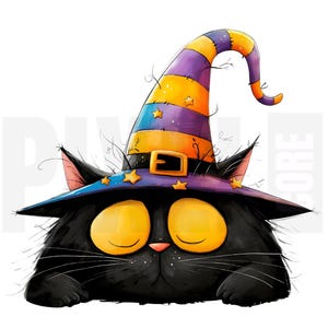 11 Quirky Black Cat Witch Hat Halloween Clipart, PNG, Cute Whimsical Art, Junk Journal, Scrapbook, Paper Craft, Digital Download, Cardmaking