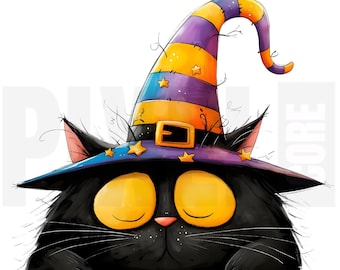 11 Quirky Black Cat Witch Hat Halloween Clipart, PNG, Cute Whimsical Art, Junk Journal, Scrapbook, Paper Craft, Digital Download, Cardmaking