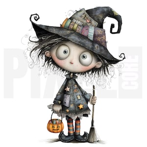 May include: A quirky illustration of a young witch with large eyes, wearing a patched coat, striped socks, and a tall, decorated hat. She carries a pumpkin-shaped candy bucket and a broom, ideal for Halloween.