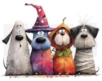 11 Quirky Halloween Dogs Clipart, PNG, Trick or Treat, Ephemera, Watercolor Art, Junk Journal, Scrapbooking, Cardmaking, Digital Download