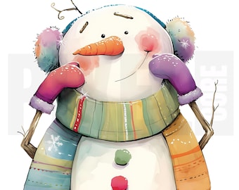 12 種類の風変わりなクリスマス雪だるまクリップアート、PNG、気まぐれな冬の漫画ホリデー雪だるまイラスト、カード作り、スクラップブッキング、デジタルダウンロード