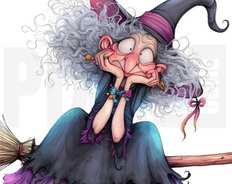 13 Imágenes prediseñadas de brujas antiguas peculiares, PNG, caldero de bruja con nariz puntiaguda, libro de hechizos, escoba, gato negro / ilustración de Halloween, descarga digital