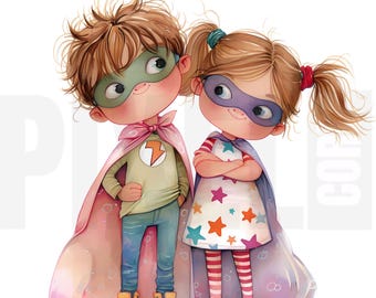 12 imágenes prediseñadas de hermanos y hermanas superhéroes, PNG, cuentos infantiles de hermanos caprichosos, creación de tarjetas, manualidades con papel, descarga digital