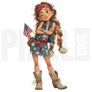 14 Quirky USA Flag Girl Clipart, PNG, Cute American Cartoon Illustration, Storybook Watercolor, Junk Journal, Scrapbooking, Digital Download