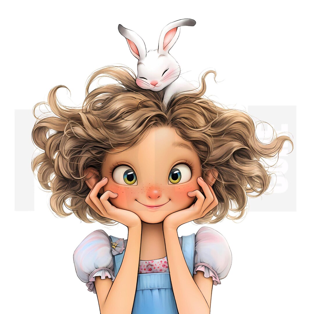 15 Quirky Girl With Rabbit Clipart, Whimsical Cartoon Girl and Bunny ...