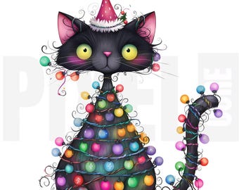 14 Quirky Cat Christmas Tree Clipart, PNG, Cats Tangled in Lights, Whimsical Holiday Kitty Art, Ephemera, Junk Journal, Digital Download