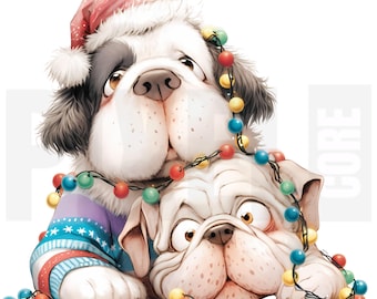 17 perros amigos navideños originales, imágenes prediseñadas, PNG, perros en pijama, cachorros con gorro de Papá Noel, arte navideño para mascotas, creación de tarjetas, descarga digital
