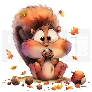 Puede incluir: Una ardilla de dibujos animados con ojos grandes y mejillas hinchadas, sosteniendo una nuez en la boca. La ardilla es marrón y canela, rodeada de hojas de otoño y bellotas. La imagen tiene un estilo caprichoso e ilustrado.