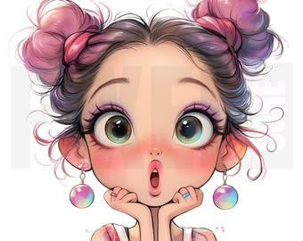11 imágenes prediseñadas de chicas divertidas y originales, PNG, arte de caras de dibujos animados en acuarela, chica caprichosa, creación de tarjetas, scrapbooking, diario creativo, descarga digital