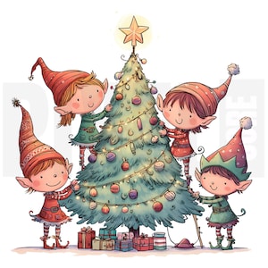 Puede incluir: Ilustración de cuatro elfos decorando un árbol de Navidad. El árbol está adornado con adornos y luces, coronado por una estrella. Los elfos visten trajes y sombreros rojos y verdes, y están rodeados de regalos envueltos.