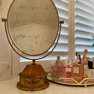 Perfectly Distressed Shadows Large Vanity Mirror with Ornate Brass, Vintage