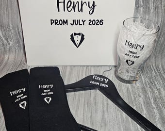 Personalised Prom Gift Set for Young Men – Hanger, Glass, Bag, Socks