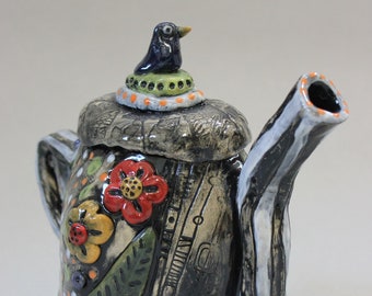 Whimsical bird teapot, decorative teapot, Burtonesque teapot, unique piece, home decor teapot, whimsical teapot, colorful teapot