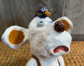 Ceramic dog art, White ceramic dog, dog with bird, dog and bird, handmade ceramic dog, Anthropomorphic animal, dog lovers gift, pottery dog