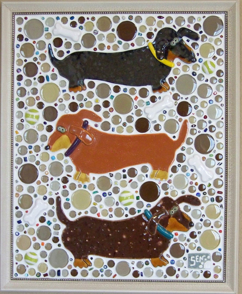 TAIL CHASERS Mosaic Dachshund Dog Wall Art, doxie wall art, mosaic art, mosaic dog art, dachshund art, dog art, wiener dog art, doxie image 1