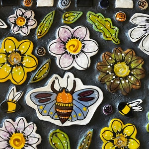 Handmade tile tray, Bee tile tray, nature inspired tray, mosaic flower and bee tray, art tile tray, wooden mosaic tray, house warming gift