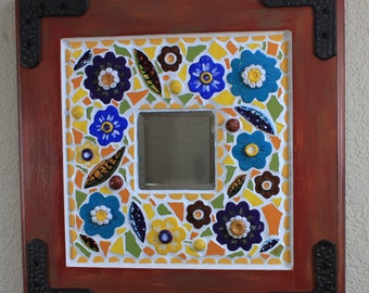 Handmade flower tile mirror, Flower and leaves mirror, Mosaic mirror, One of a kind mirror, Mosaic mirror, ceramic mirror