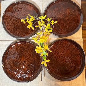 Rustic 4 plate set, orange and brown ceramic plates, dinner plates, orange plates, handmade pottery plate, handcrafted plate, dinnerware set