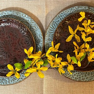 Organic Handmade Irregular dinner plate set, ceramic dinner and salad plate set, blue and copper plate set, handmade ceramic plate set