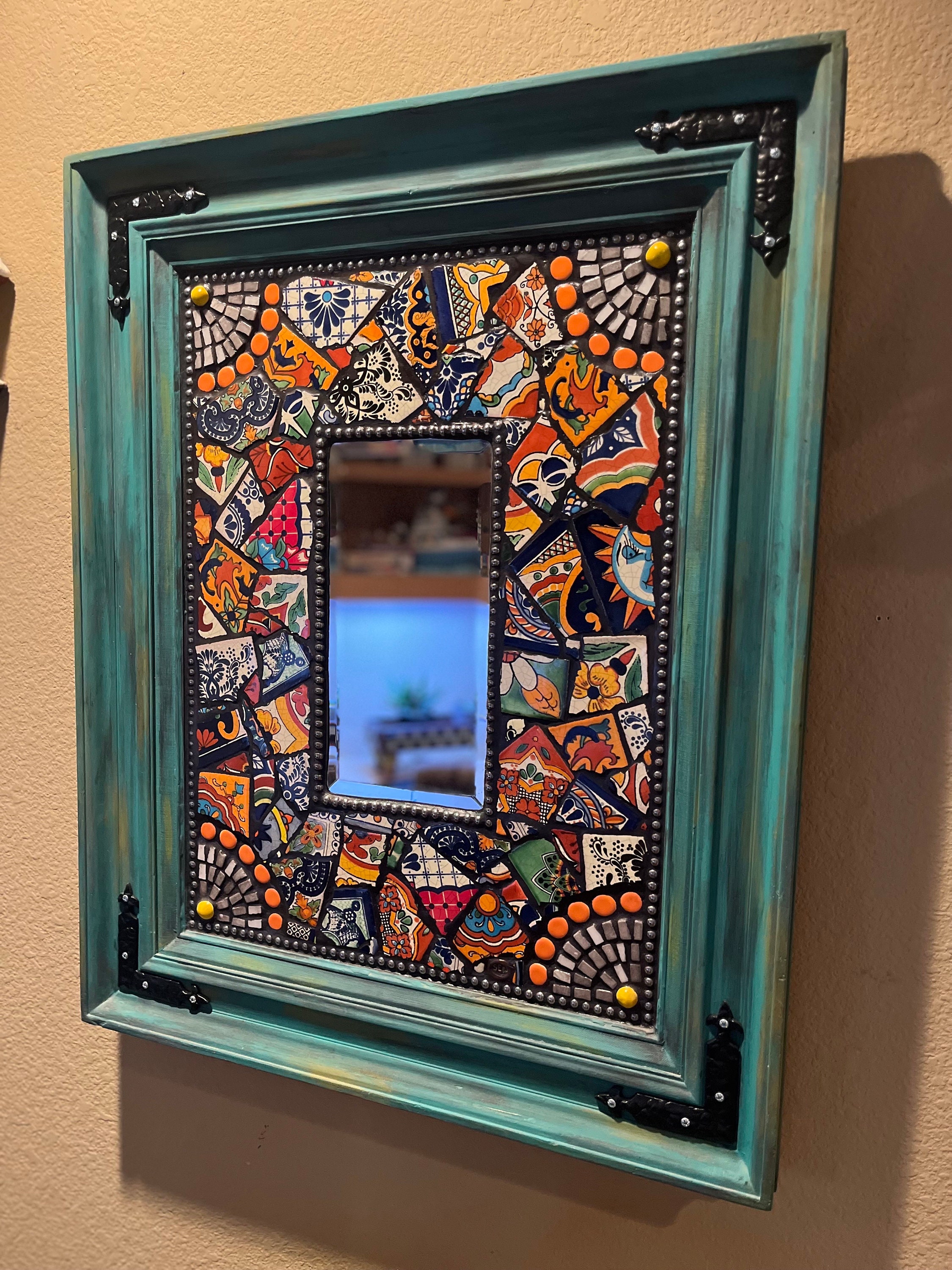Green Framed Broken Spanish Tile Mosaic Mirror, Mosaic Wall Art and