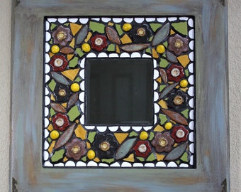 Green Wood Frame Small beveled Mirror in Flower Mosaics, Artsy Green Wood Flower Mosaics Mirror, functional framed wall mosaics