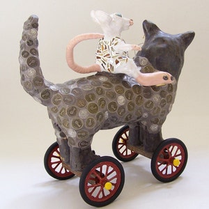 RATZ N' KATZ Mosaic Cat Sculpture on Wheels , cat and mouse, whimsical cat, cat on wheels, cat and rat, ceramic cat, mosaic cat image 5