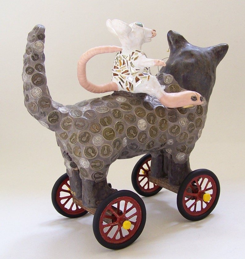 RATZ N' KATZ Mosaic Cat Sculpture on Wheels , cat and mouse, whimsical cat, cat on wheels, cat and rat, ceramic cat, mosaic cat image 5