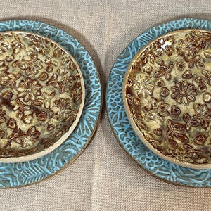 Organic Handmade Irregular dinner plate set, ceramic dinner and salad plate set, blue and beige plate set, handmade ceramic plate set