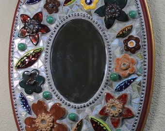 Ceramic Flower Mirror, Mosaic mirror, Handmade mirror, One of a kind mirror, ceramic mirror